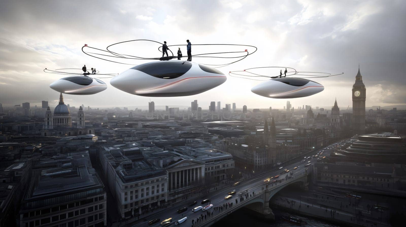Futuristic flying cars transporting people over london with big ben in background, concept for future urban transportation