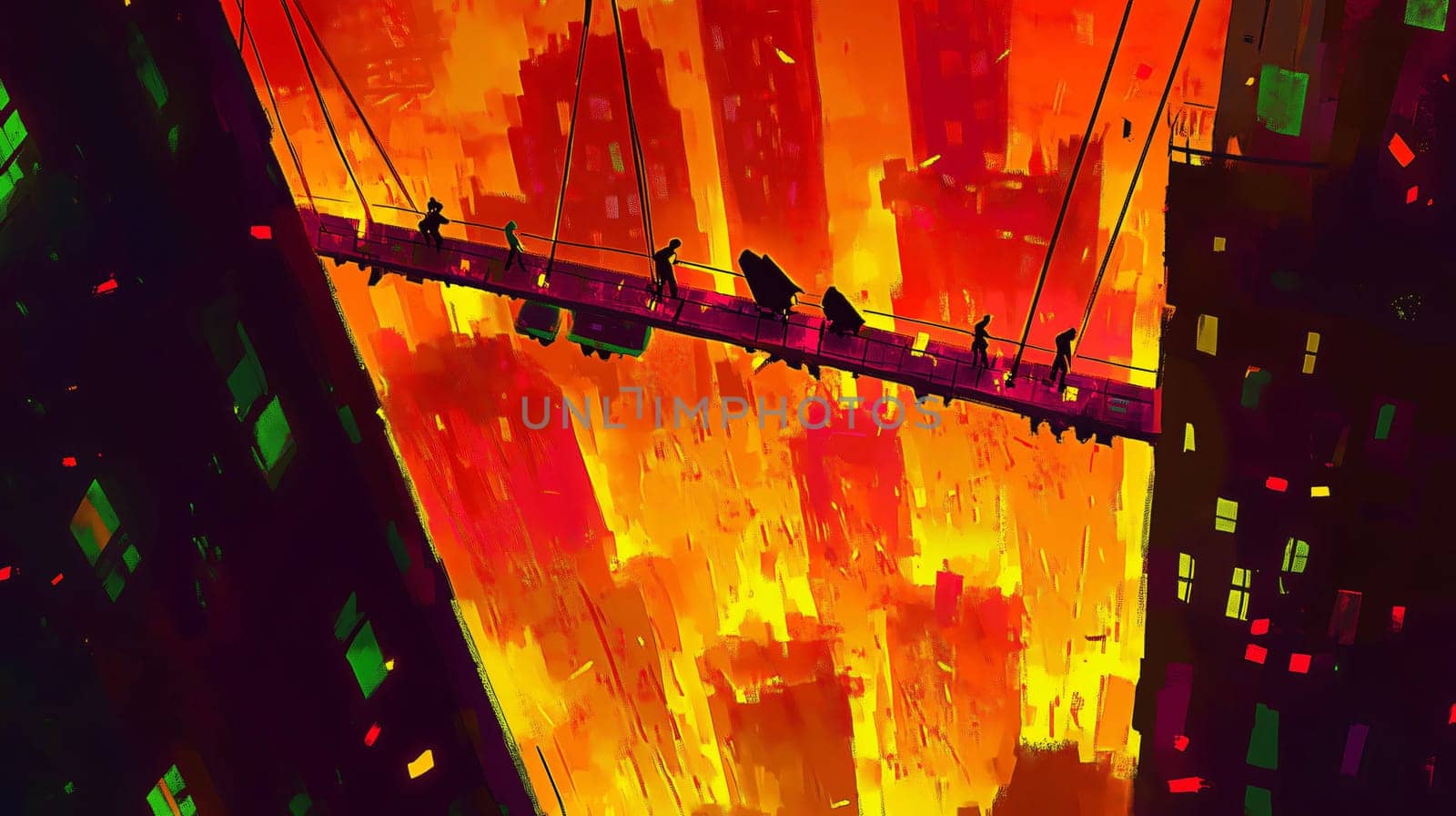 This illustration depicts people walking on a narrow bridge, with a burning futuristic city in the background