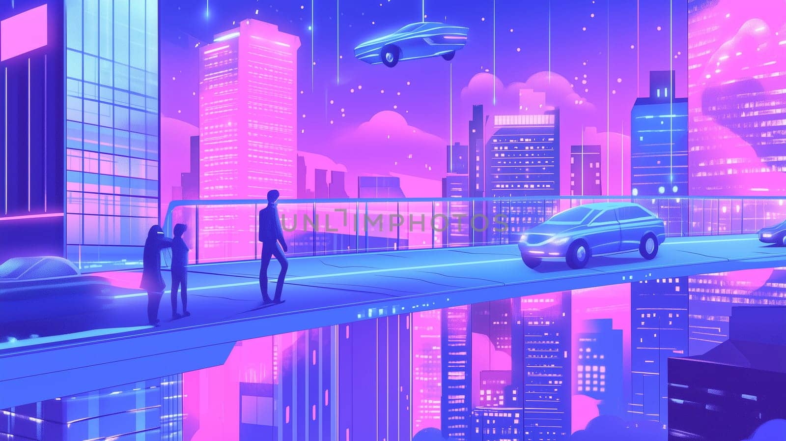 Futuristic cityscape showing people walking on a bridge with flying and ground cars, sleek skyscrapers and neon lights