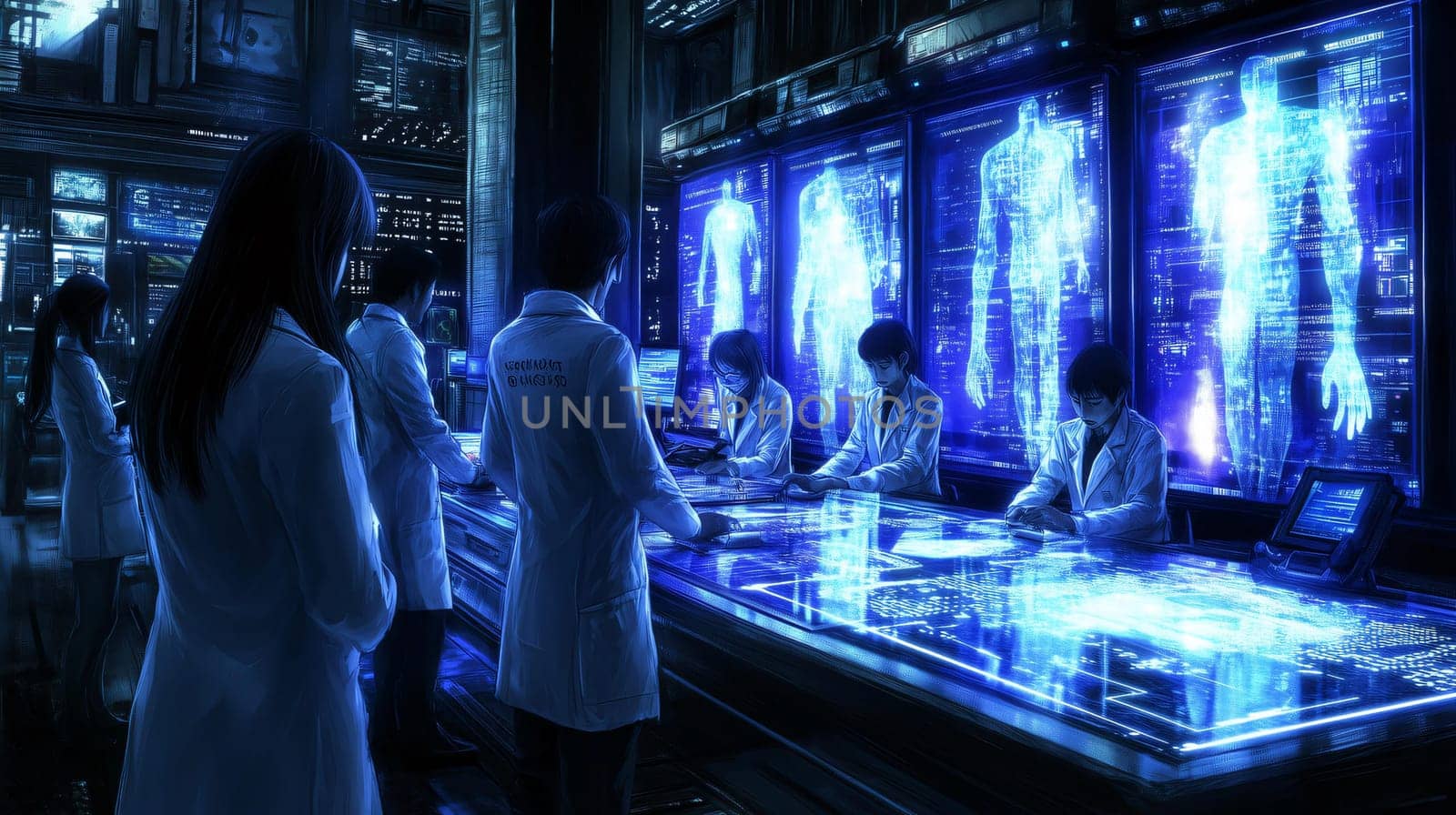 Team of scientists is working in a futuristic laboratory using a digital interface with anatomical 3d projections