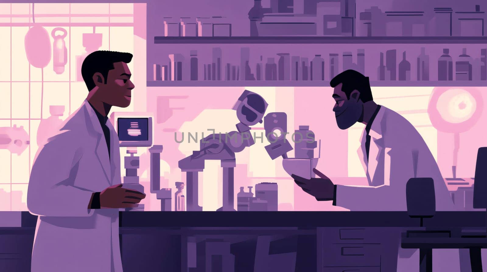 Two scientists looking at a robot dog holding a test tube in a futuristic laboratory