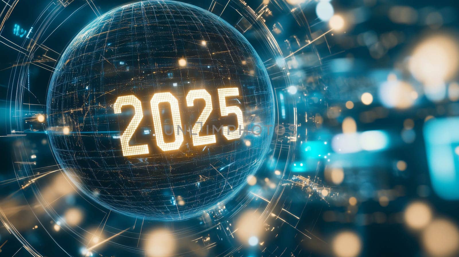 Futuristic blue and orange planet earth hologram is displaying the year 2025