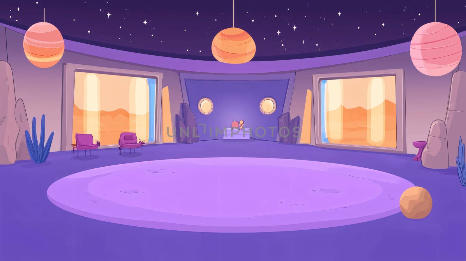 Cartoon style illustration depicting the interior of a futuristic space station with a view of the planet surface through the windows
