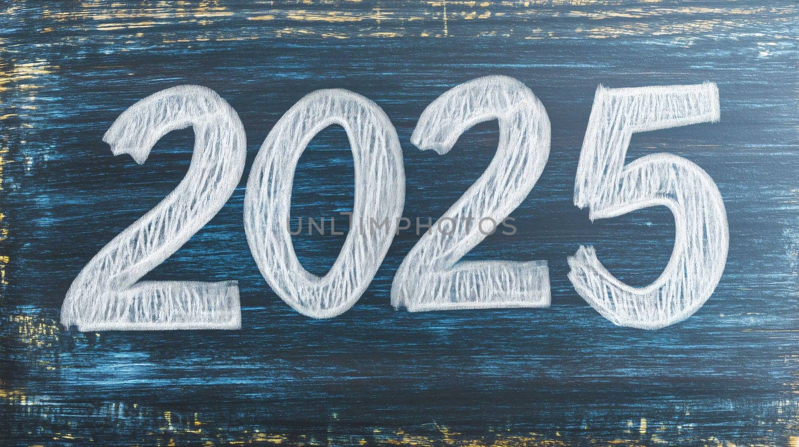 2025 year hand drawn with white chalk on vintage blue wooden board