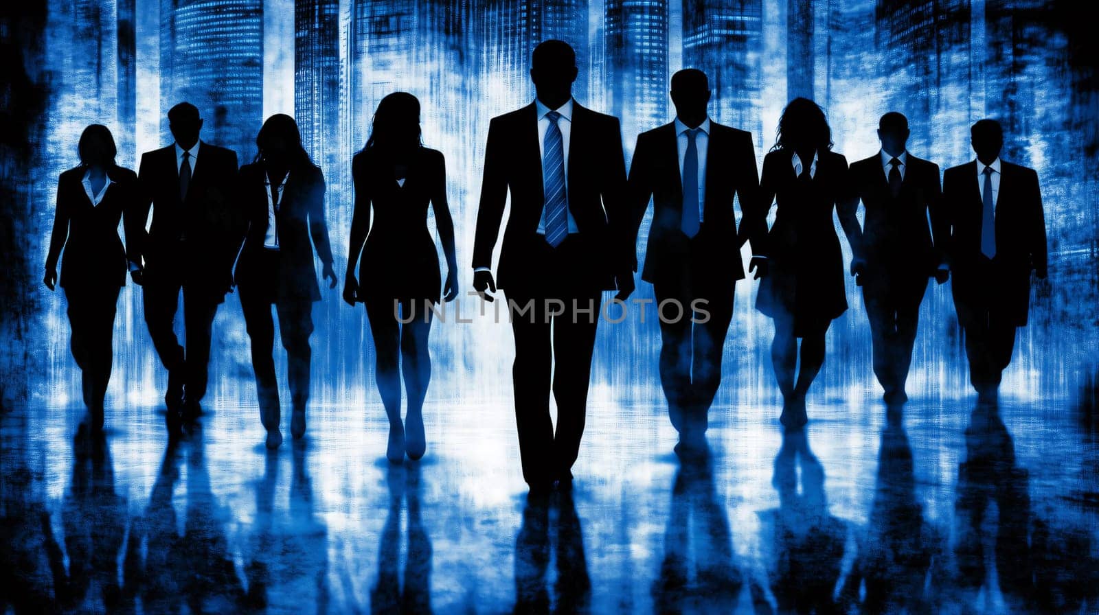 Group of business people are walking towards the camera in a futuristic blue city