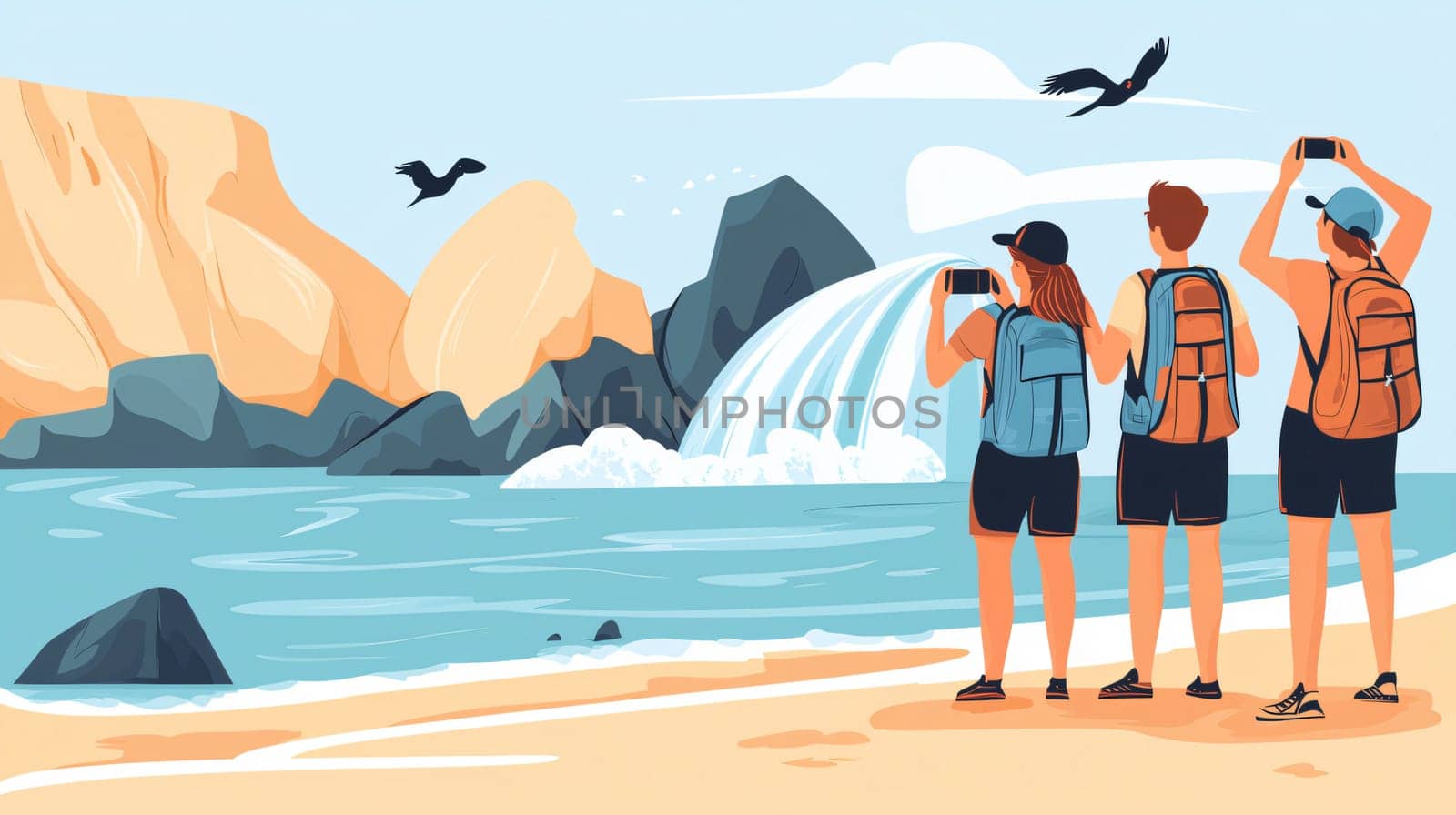 Tourists are taking pictures of a beautiful waterfall flowing directly into the ocean