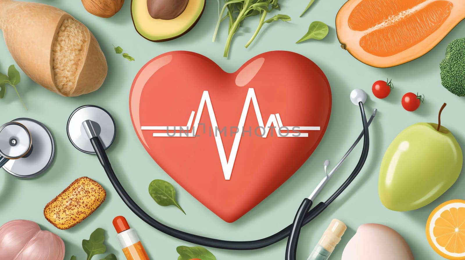 Promoting a healthy lifestyle with this heart checkup illustration surrounded by various healthy foods and medical equipment