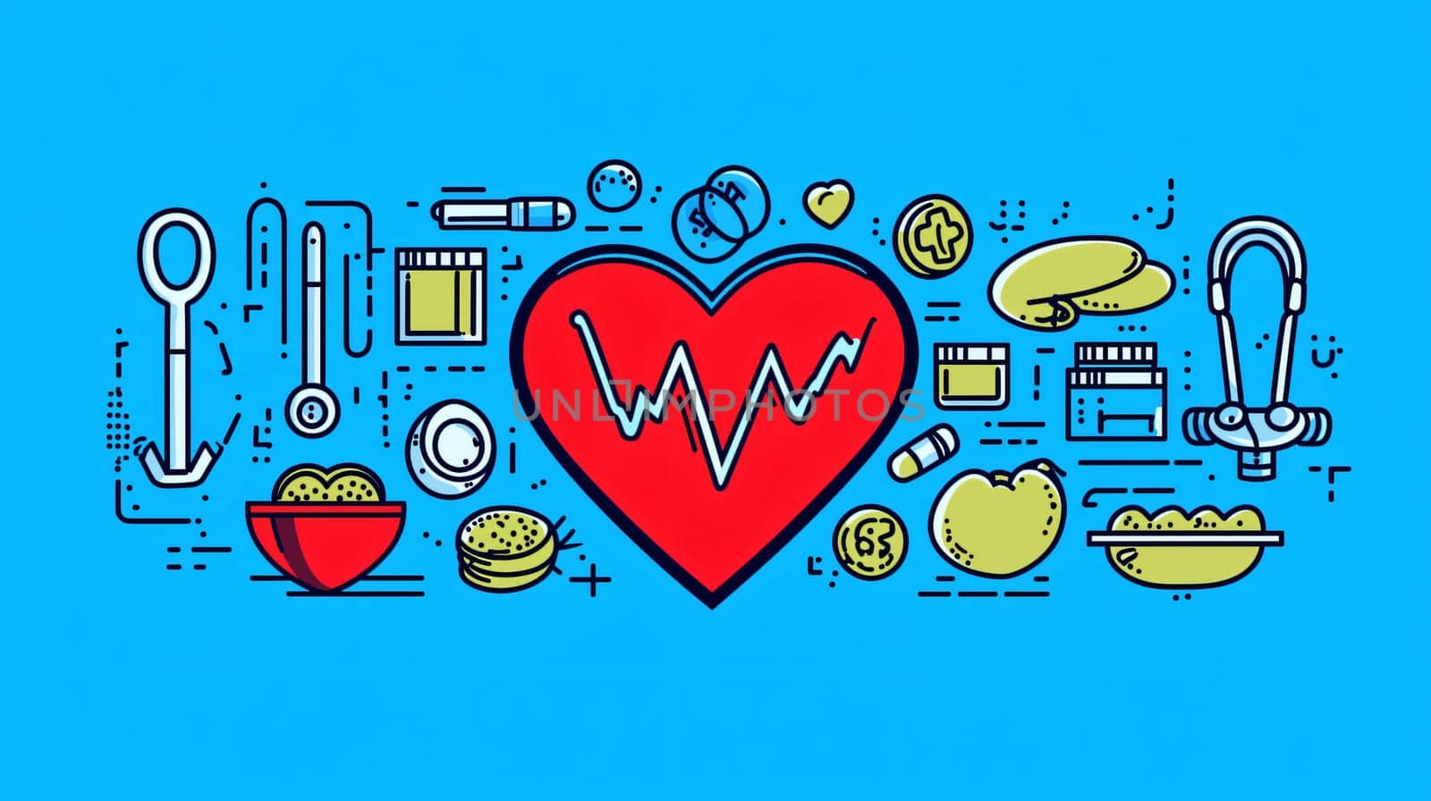 Medical banner presenting cardiology department with icons of pills, cardiogram, heart shape, blood pressure monitor and stethoscope