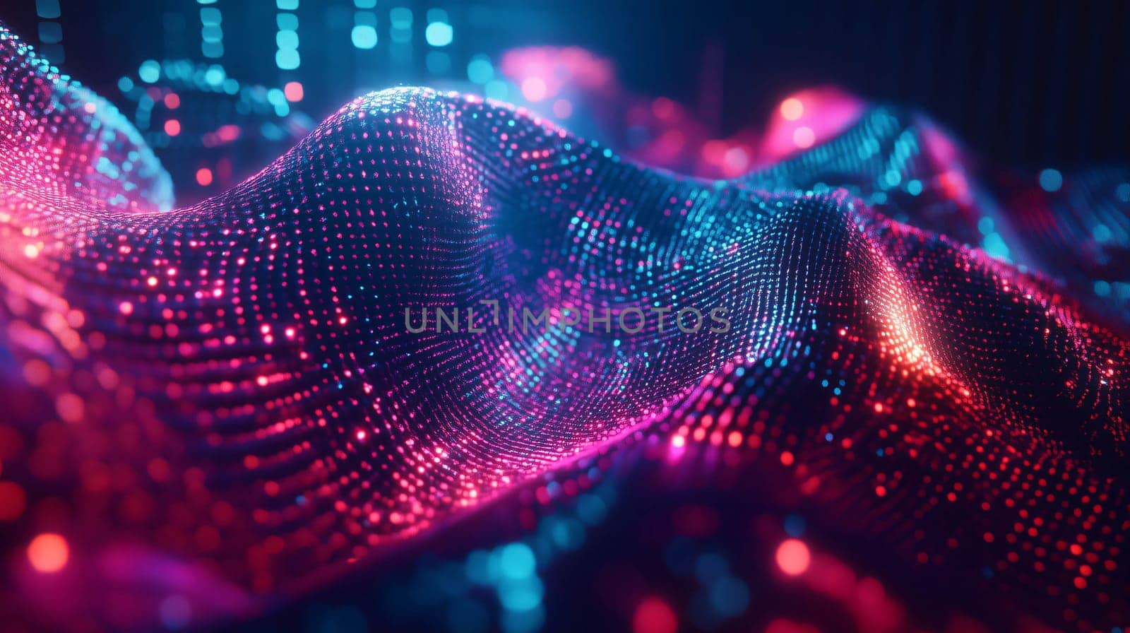 Abstract background formed by a grid of glowing particles forming a wave pattern with depth of field