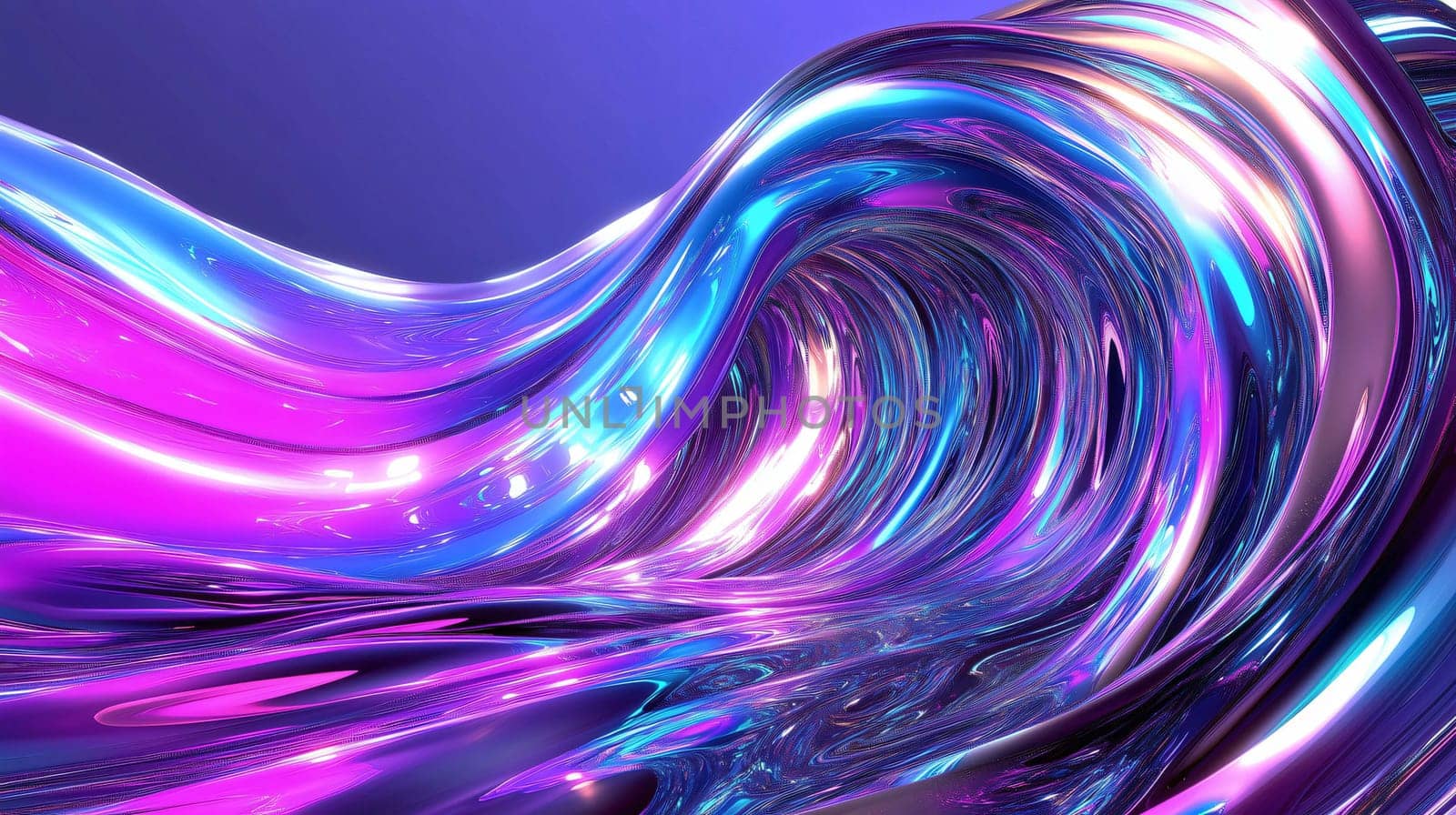 Vibrant, holographic liquid metal is flowing and forming a beautiful wavy shape with a smooth surface