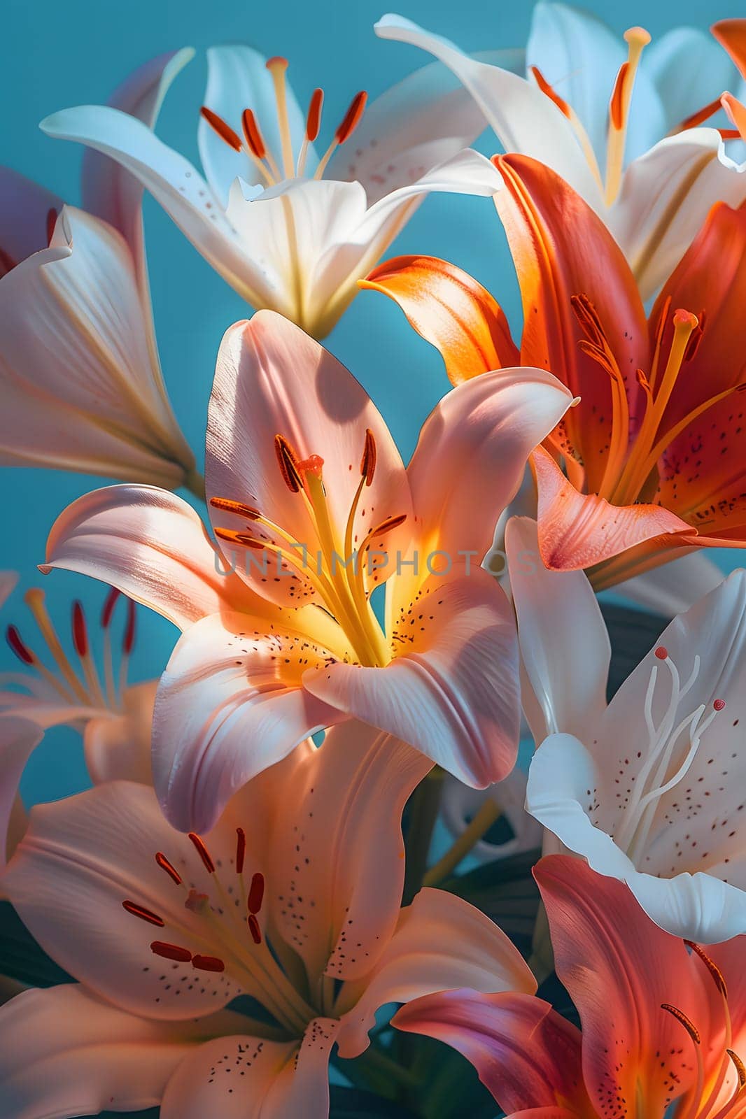A closeup art photograph of a bunch of lilies on a blue background, showcasing the intricate details of their petals and pedicels