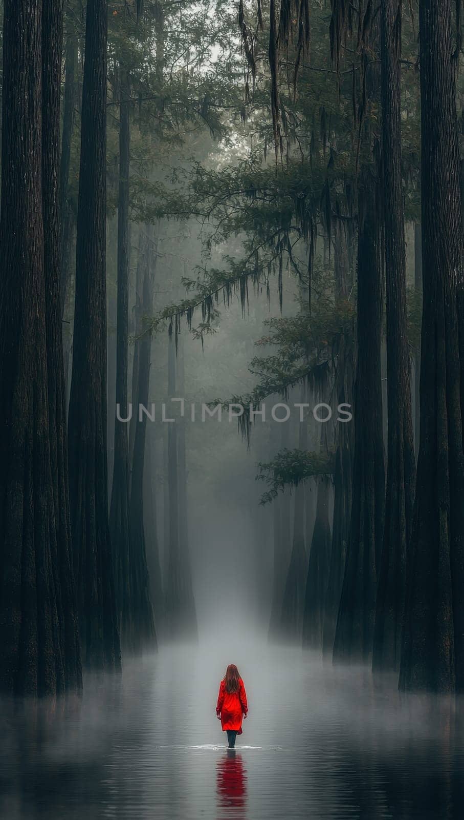 A figure in a red coat standing in a misty forest. Concept of mystery and solitude.