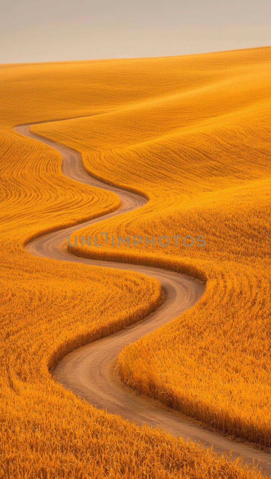 Winding dirt road through golden wheat fields at sunset. Concept of nature and tranquility.