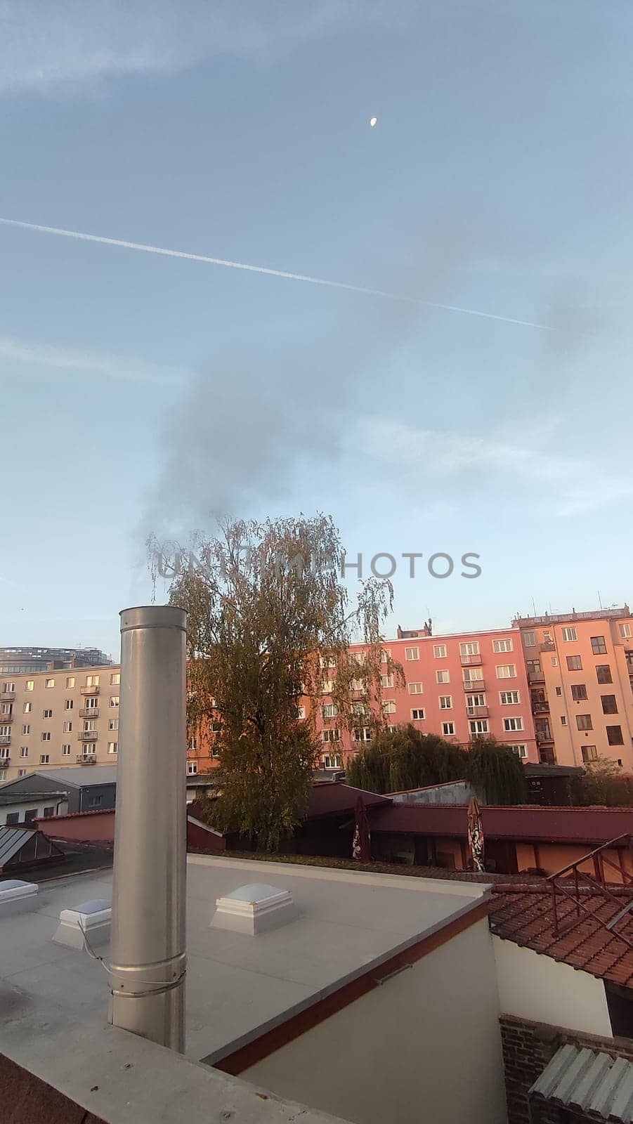 City day landscape, town building architecture background photo,pipe smoke, blue sky fall,October 22 2024 Hradec Kralove, Czech Republic Europe, Kralov region. High quality photo