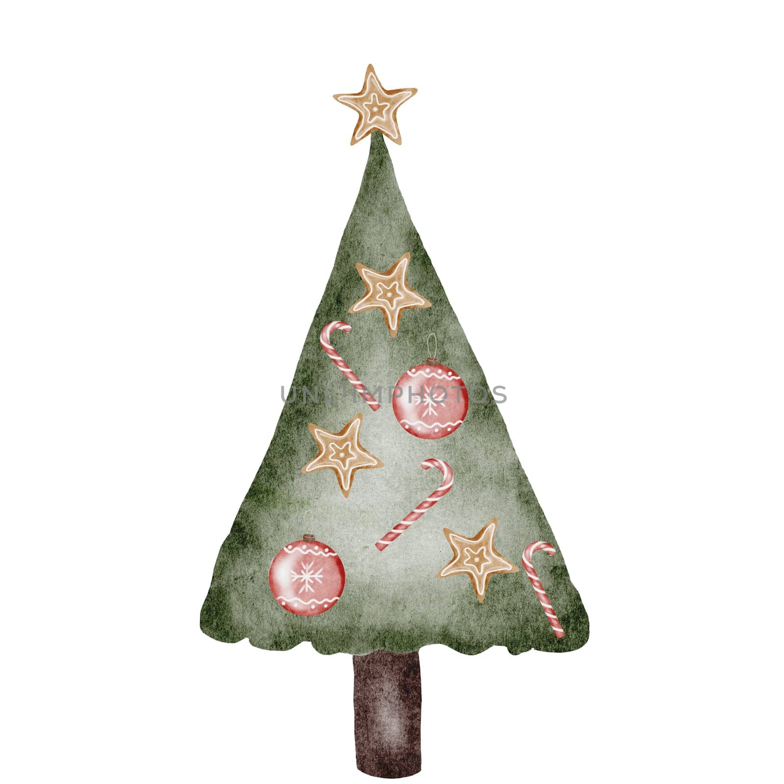 Christmas tree cartoon. Watercolor drawing of christmas symbol on isolated white background. Clip art of pine tree for design of cards and invitations. New Year 2025 design. High quality illustration