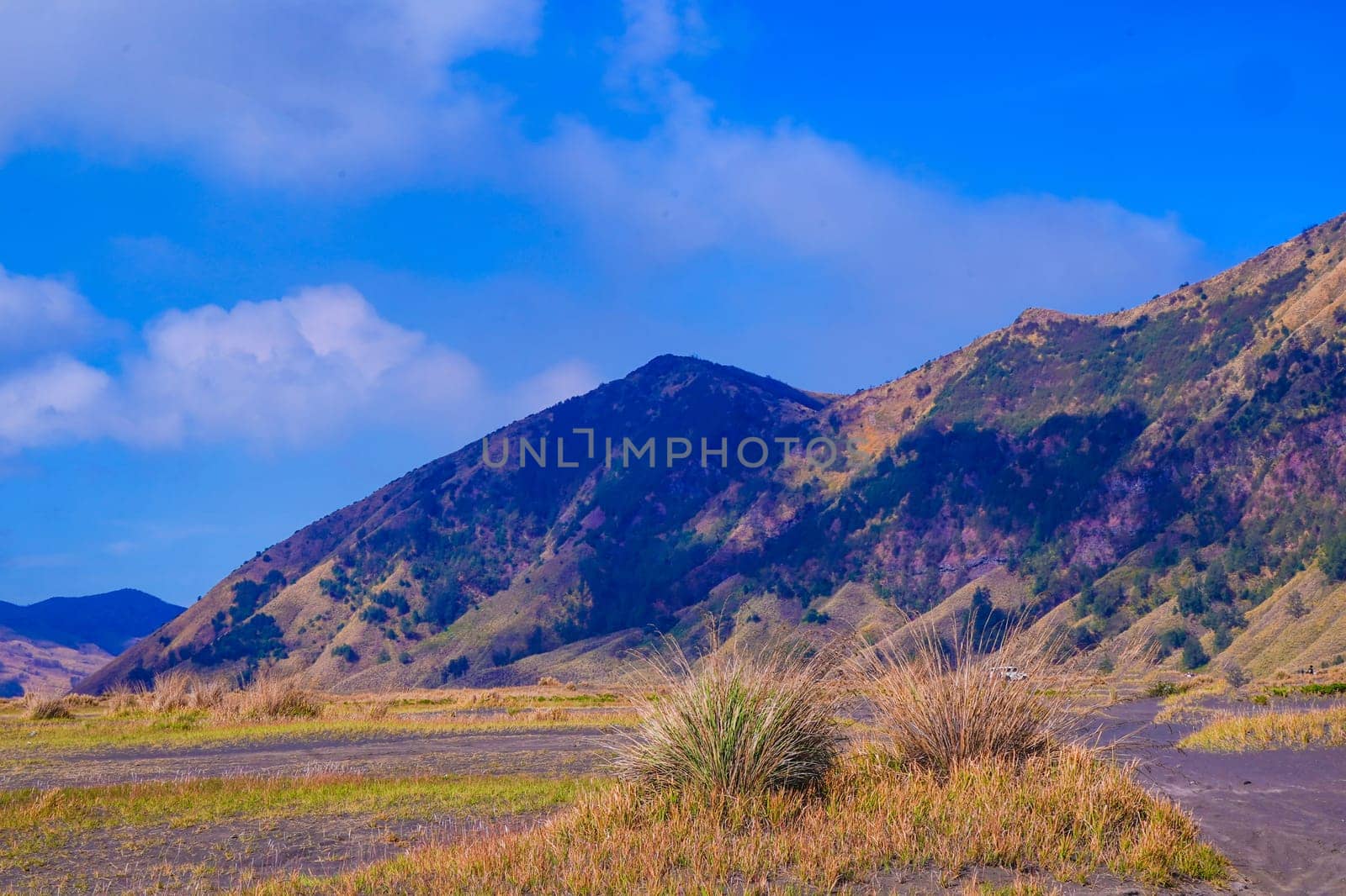 A picturesque landscape of rolling hills with vibrant green grass under a dramatic blue sky and fluffy white clouds.