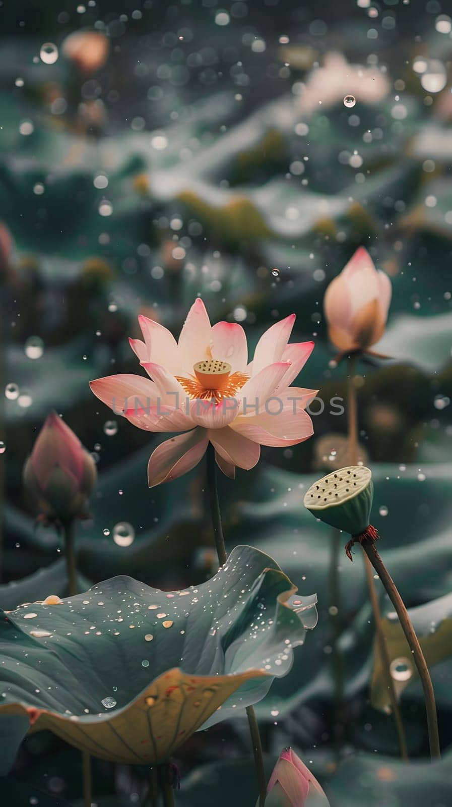 Pink lotus flower blooming amidst raindrops in a tranquil garden setting