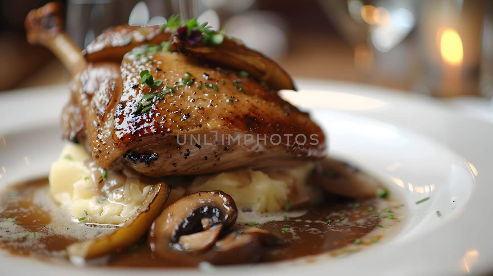 Exquisite duck dish garnished with mushrooms, served over mashed potatoes.