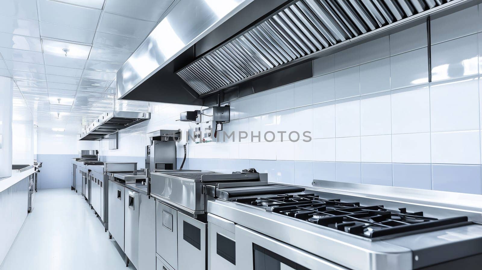 Professional kitchen with stainless steel countertop and stove with frying pan is ready for cooking
