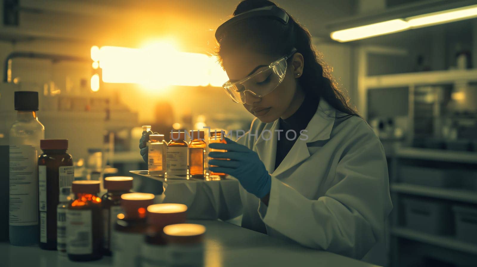Scientist wearing a lab coat and safety glasses is holding a sample vial and working in a laboratory at sunset