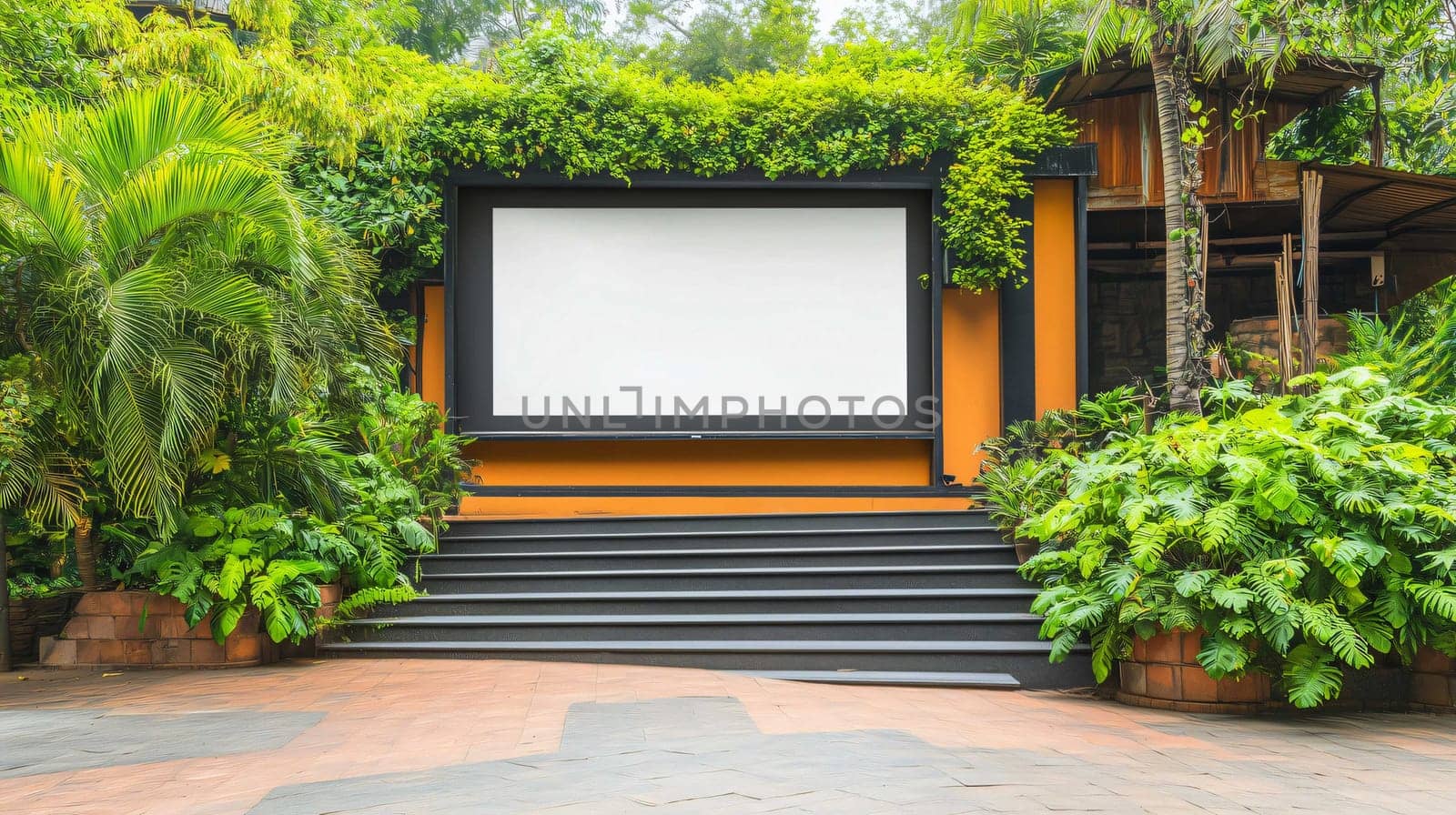 Empty billboard on a stage surrounded by tropical plants, ideal for your advertising message
