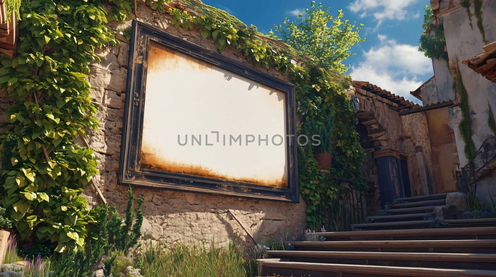 Large blank billboard is hanging on an old stone wall with climbing plants growing on it