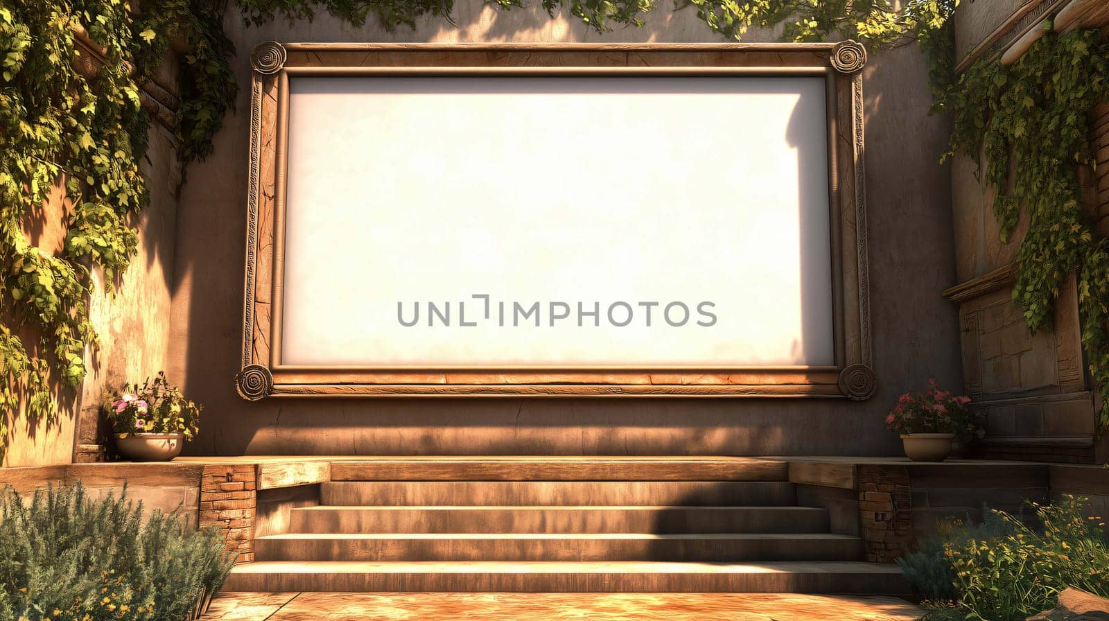 Blank billboard is hanging on a stone wall with plants and stairs in front of it