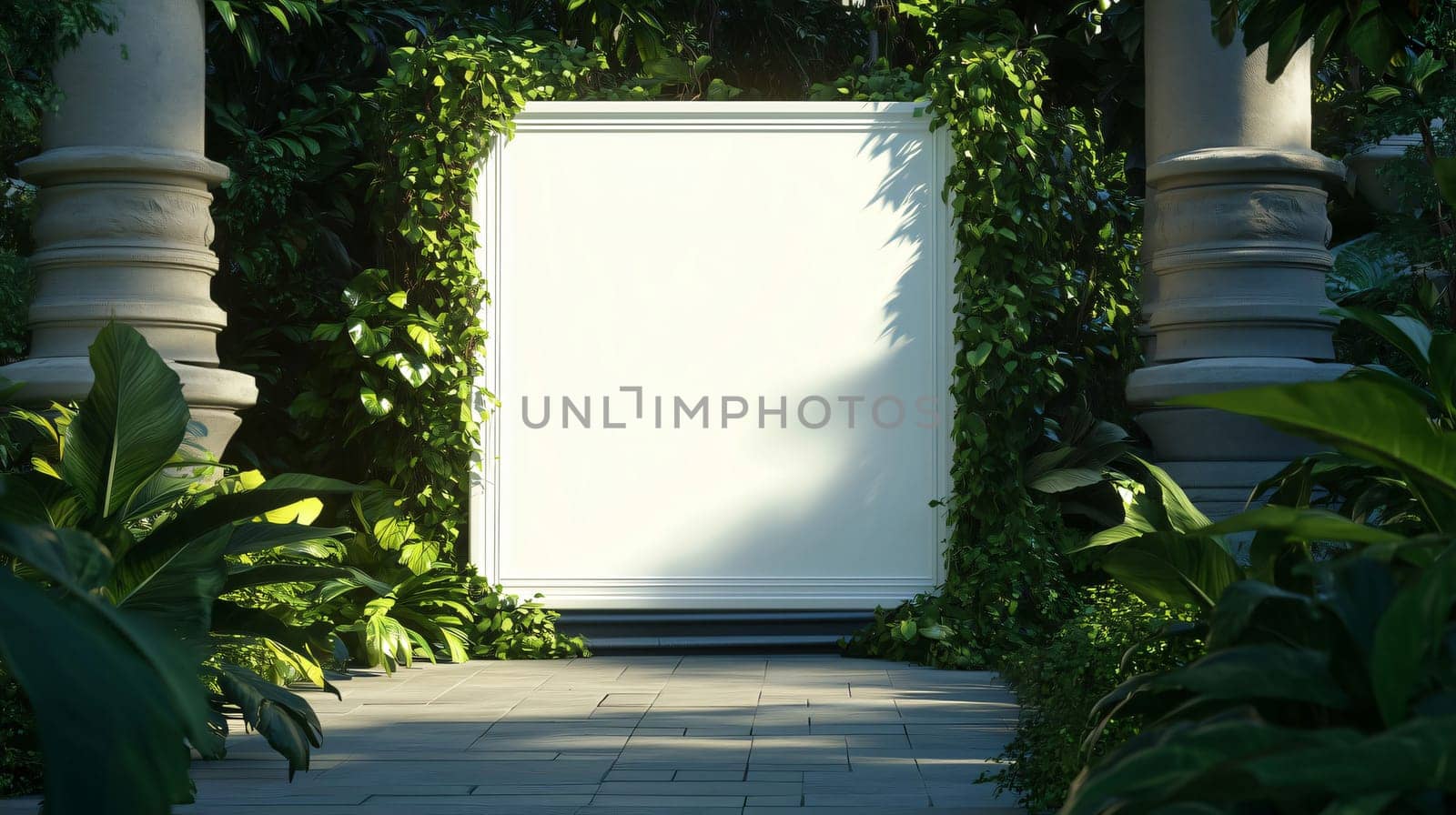 White blank frame is displaying in a classic style garden, surrounded by lush green plants, creating a serene and natural ambiance