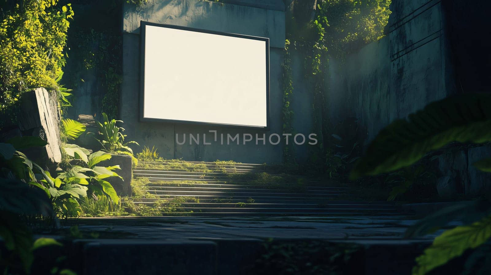 Blank billboard is hanging on a concrete wall in a post apocalyptic urban jungle with stairs leading to it