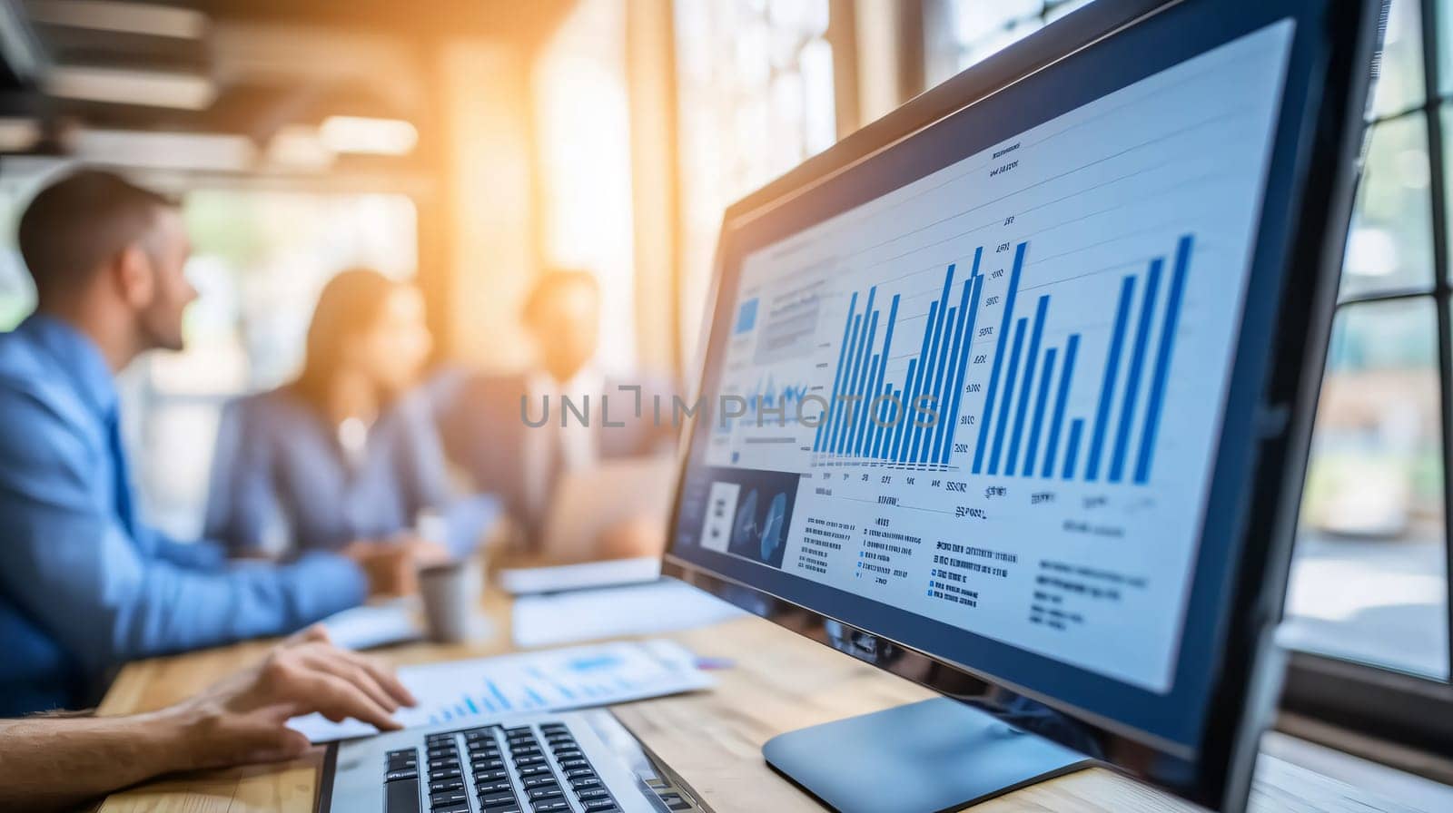 Team of business professionals is working together, analyzing financial data displayed on a computer screen during a meeting