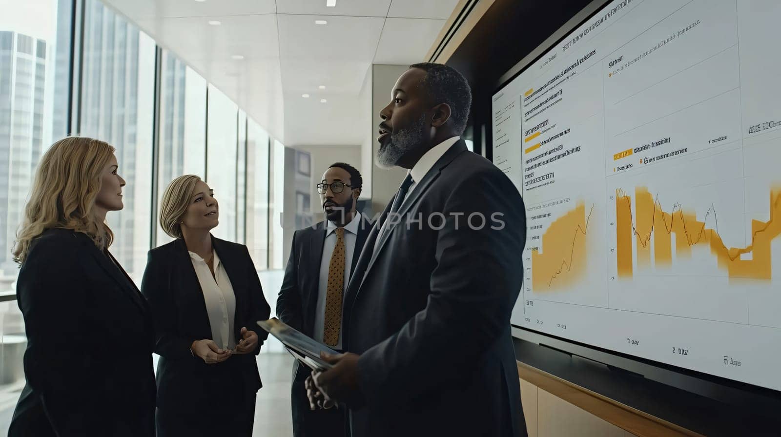 Team of business professionals is having a discussion while reviewing financial data displayed on a digital screen in a modern office