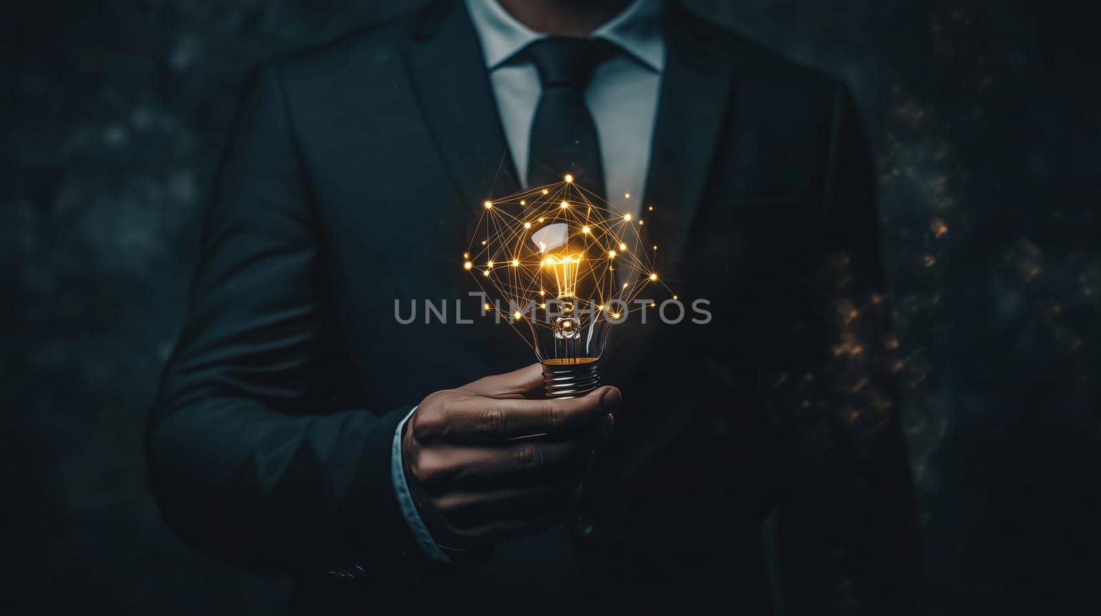 Businessman is holding an illuminated light bulb connected with a network, symbolizing innovation and creativity