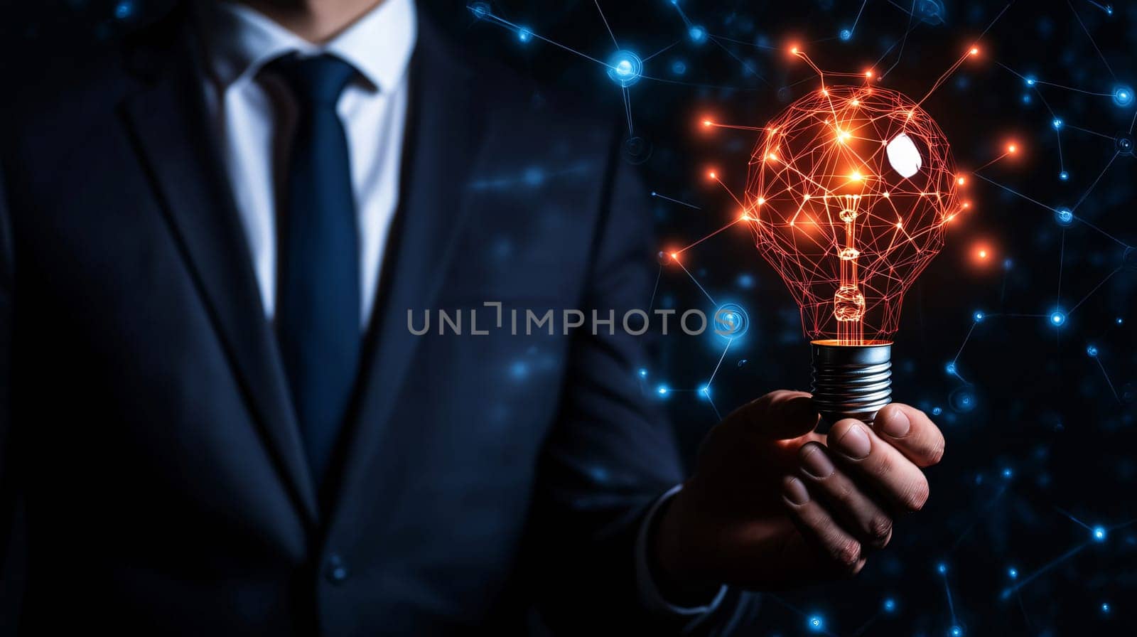 Businessman is holding a lightbulb with a network of connections, symbolizing innovation and technological advancement