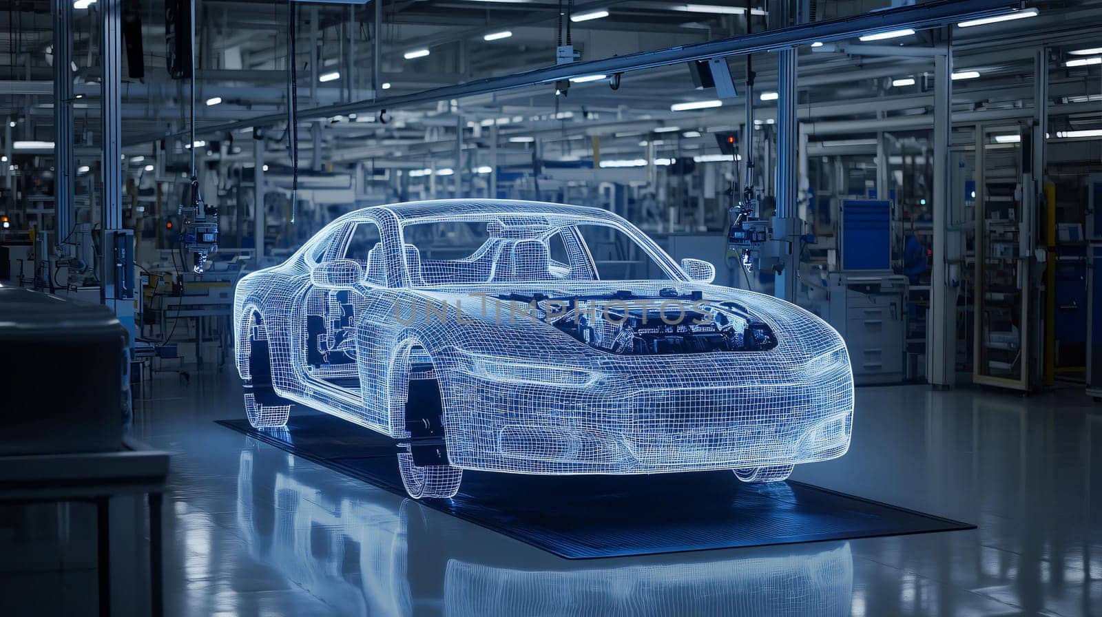 Holographic projection of a car is being designed in a modern factory
