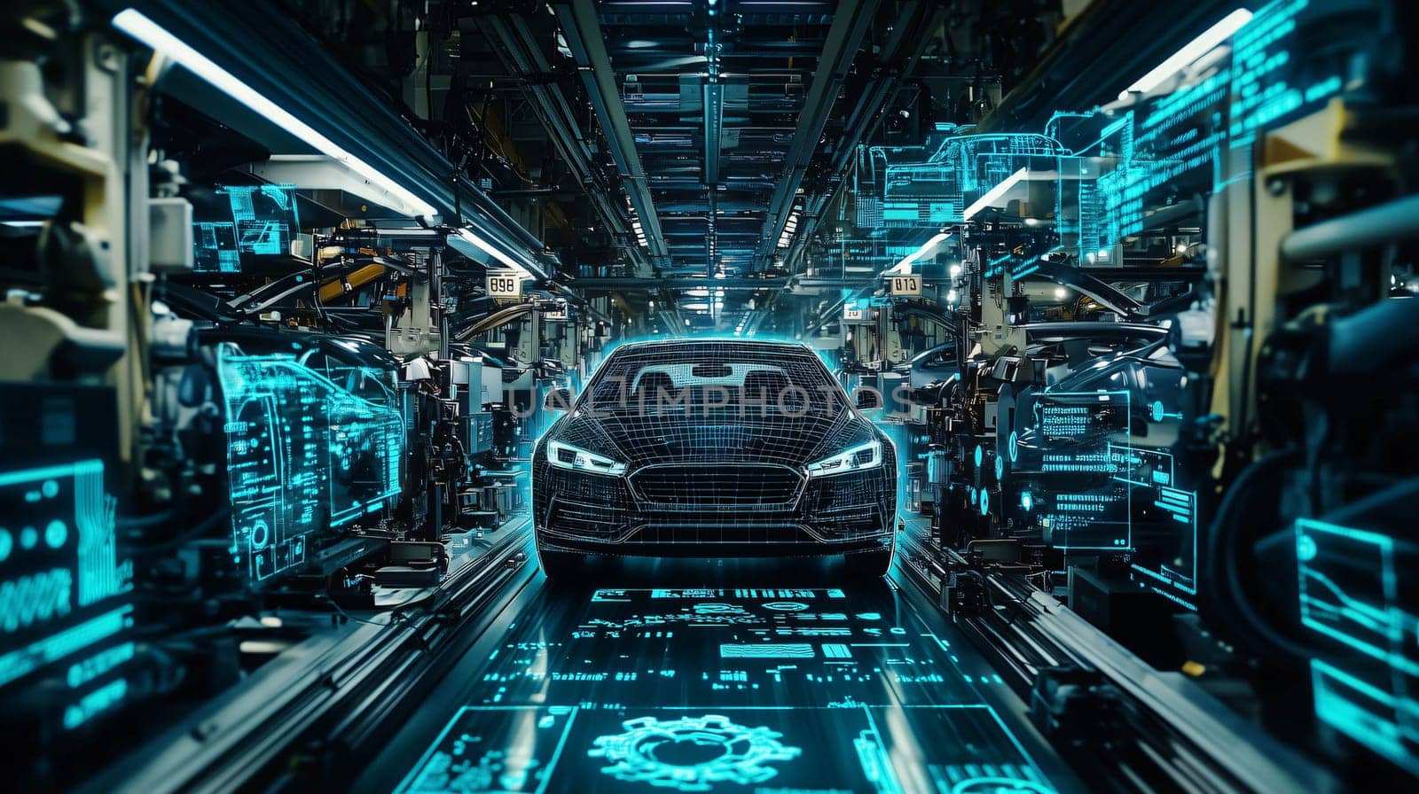 Car being assembled in a modern car factory using innovative automation technology
