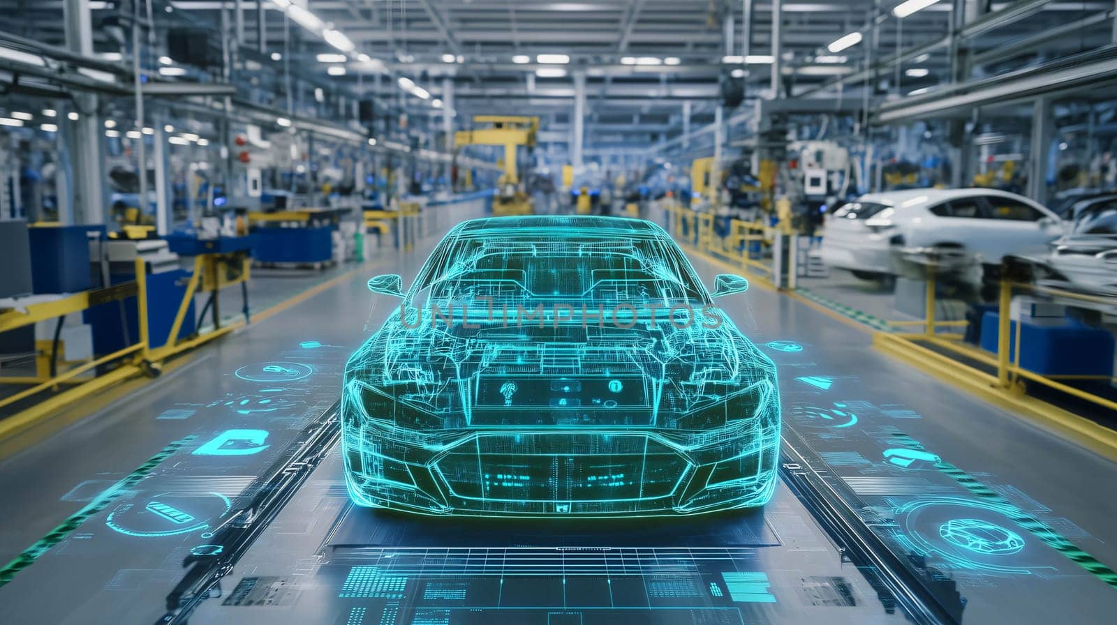 Automotive engineers using augmented reality software designing electric car in automotive industry factory