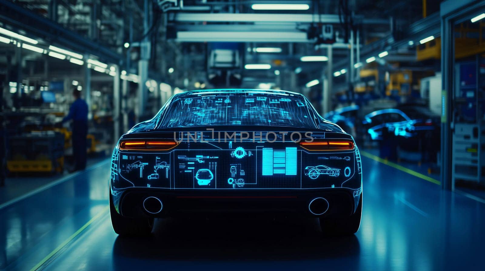 Futuristic car factory showing the production line with a car being assembled by robots