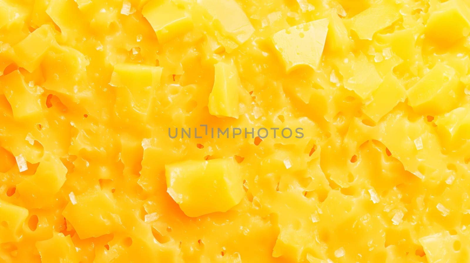 Grated gouda cheese is creating a visually appealing background with its vibrant yellow color and irregular texture