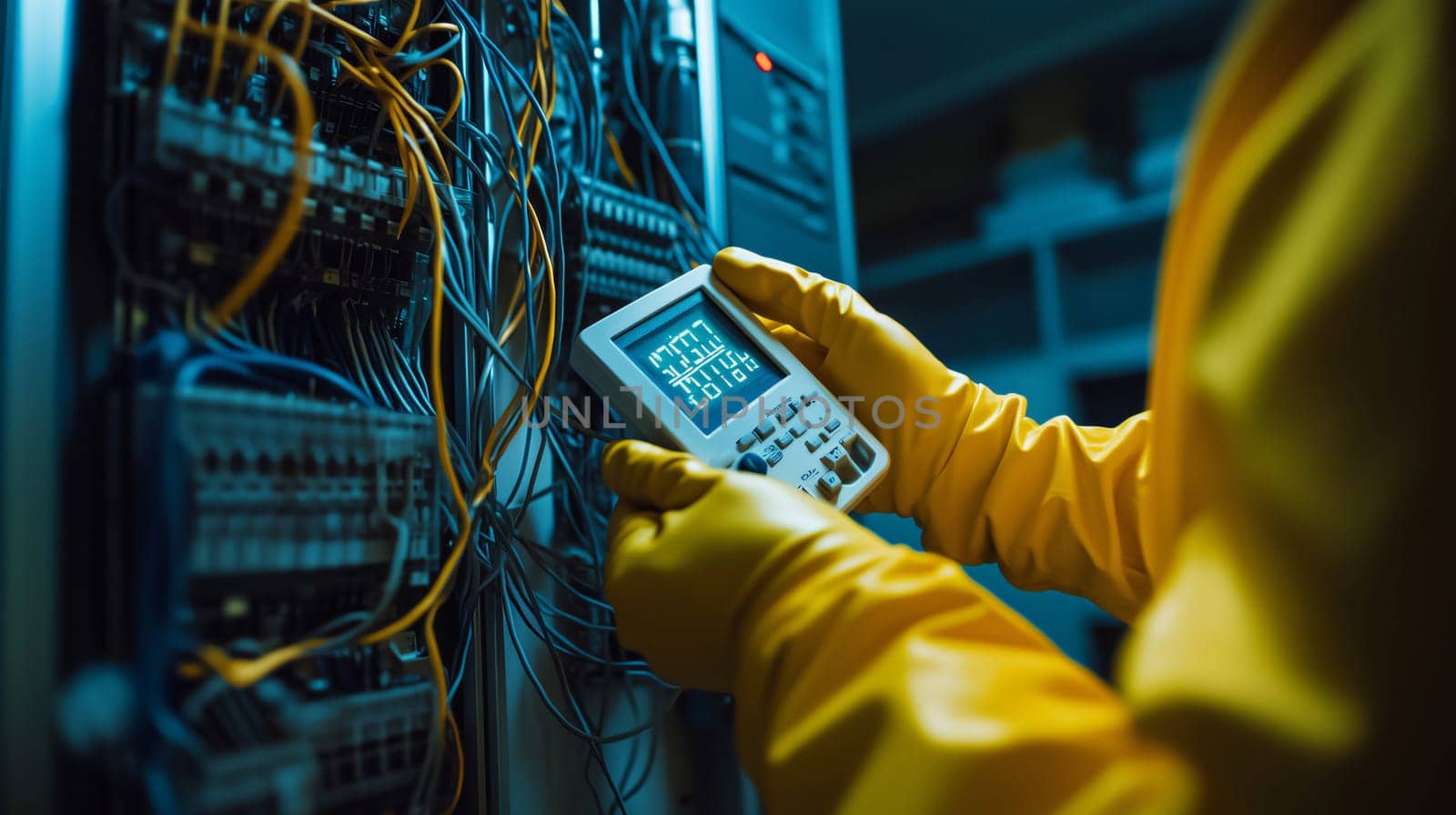 Electrician wearing a protective suit is checking voltage using a digital multimeter