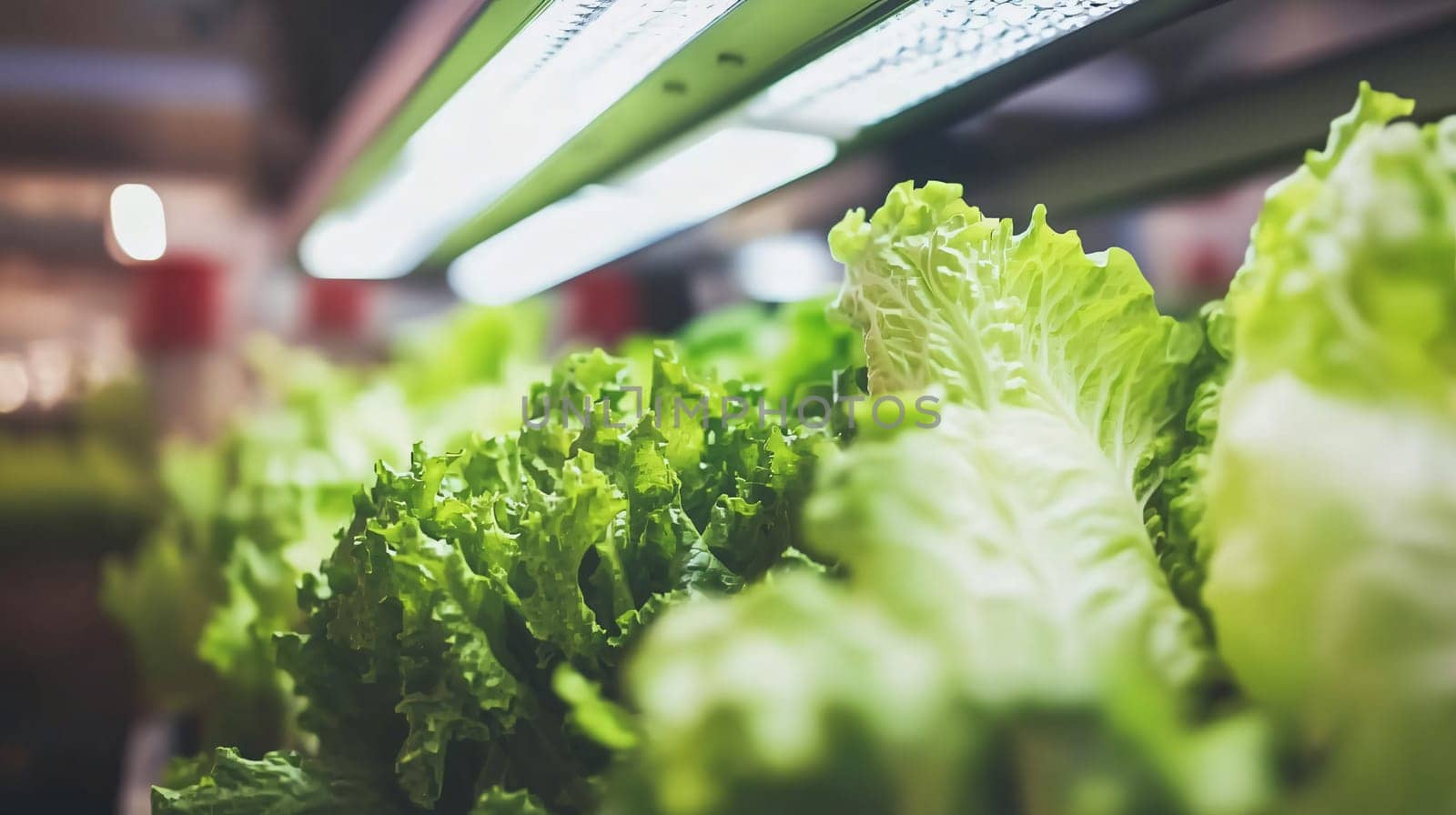 Rows of vibrant green lettuce growing under led lights in an indoor farm