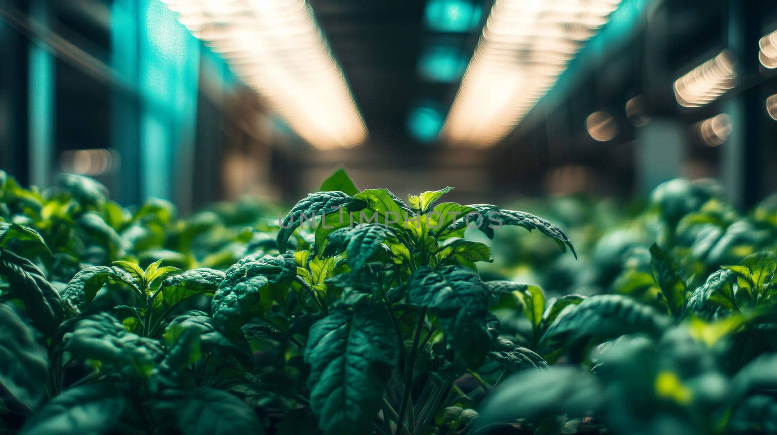 Leafy green plants growing under lights in an indoor farm