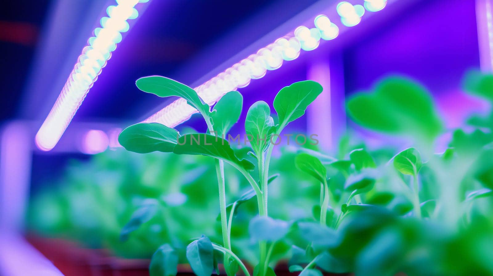Green seedlings growing under led lights inside an indoor farm