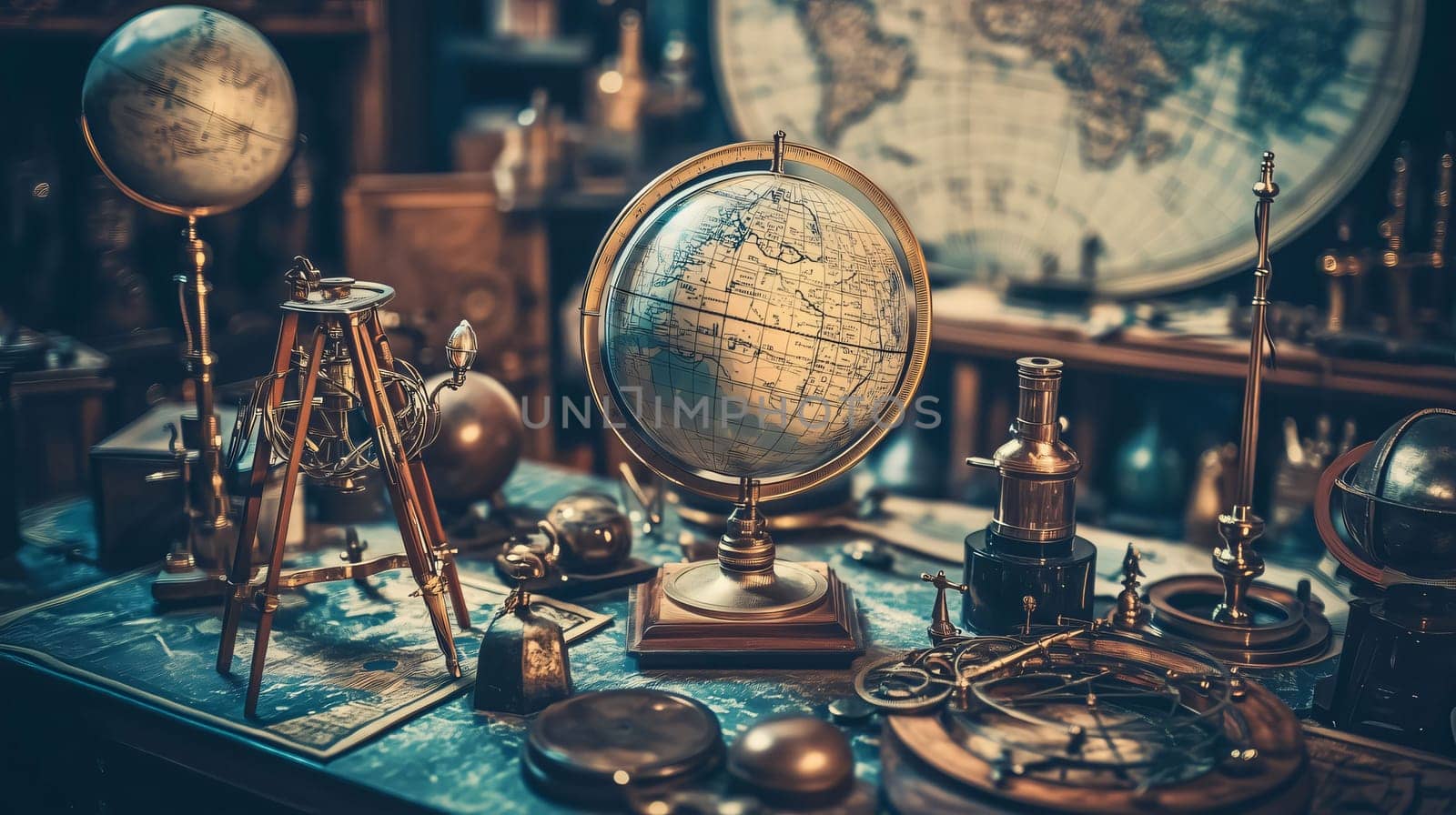 Vintage globe is surrounded by antique scientific instruments on a desk