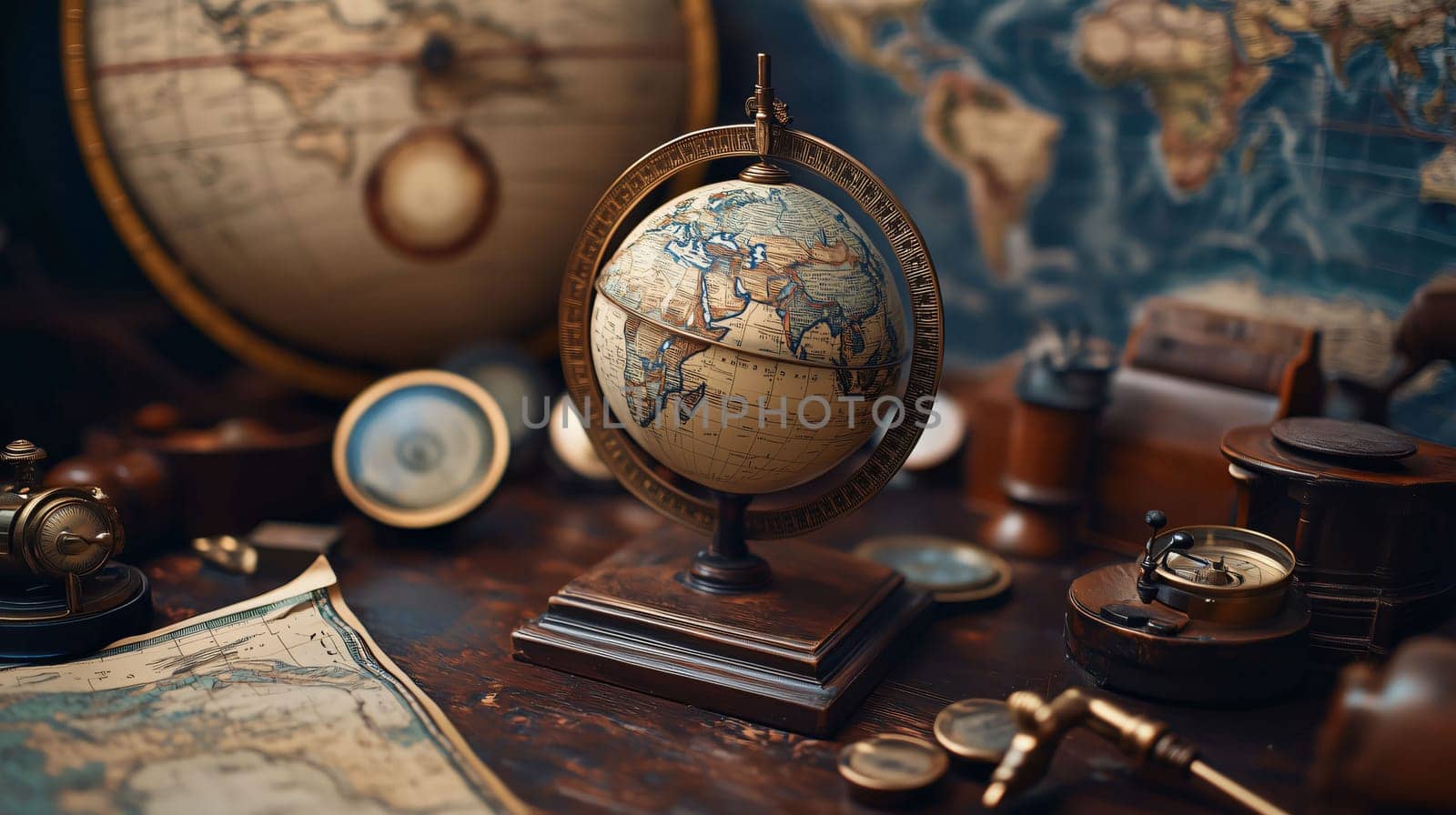 Antique globe is the centerpiece of a vintage, nautical-themed still life, surrounded by maps and navigation tools