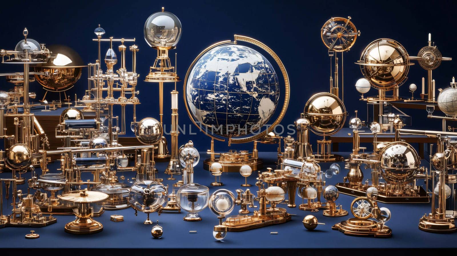 Collection of antique-looking, golden navigation and science instruments is standing on a navy blue surface
