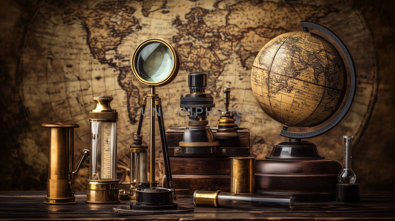 Vintage science instruments are displayed on a desk in front of an old world map
