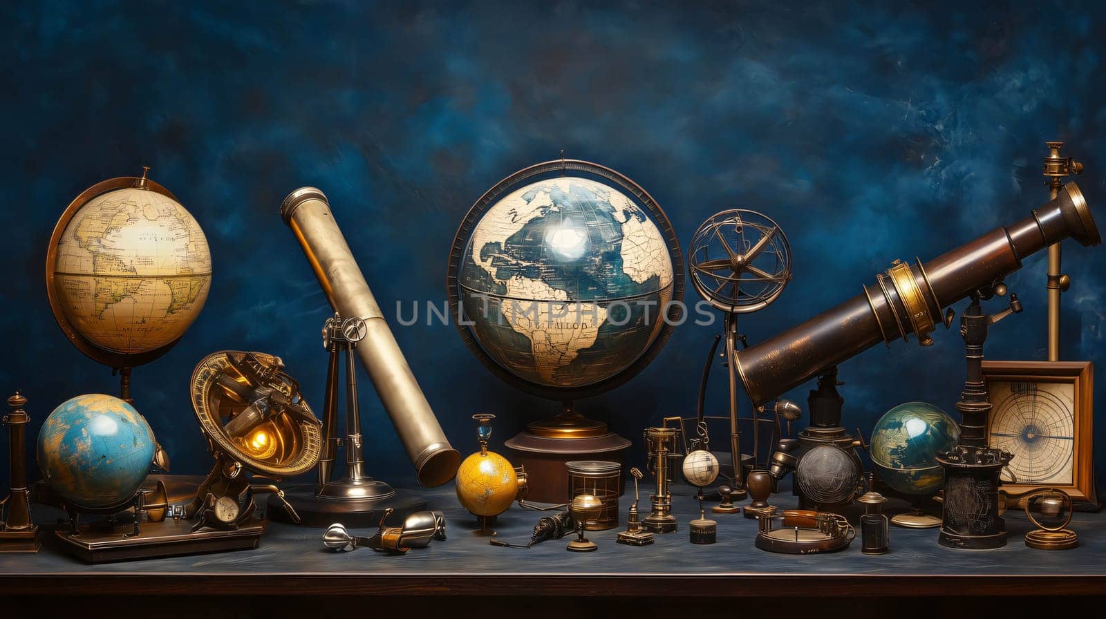 Collection of vintage globe models and scientific instruments are arranged on a desk against a blue background