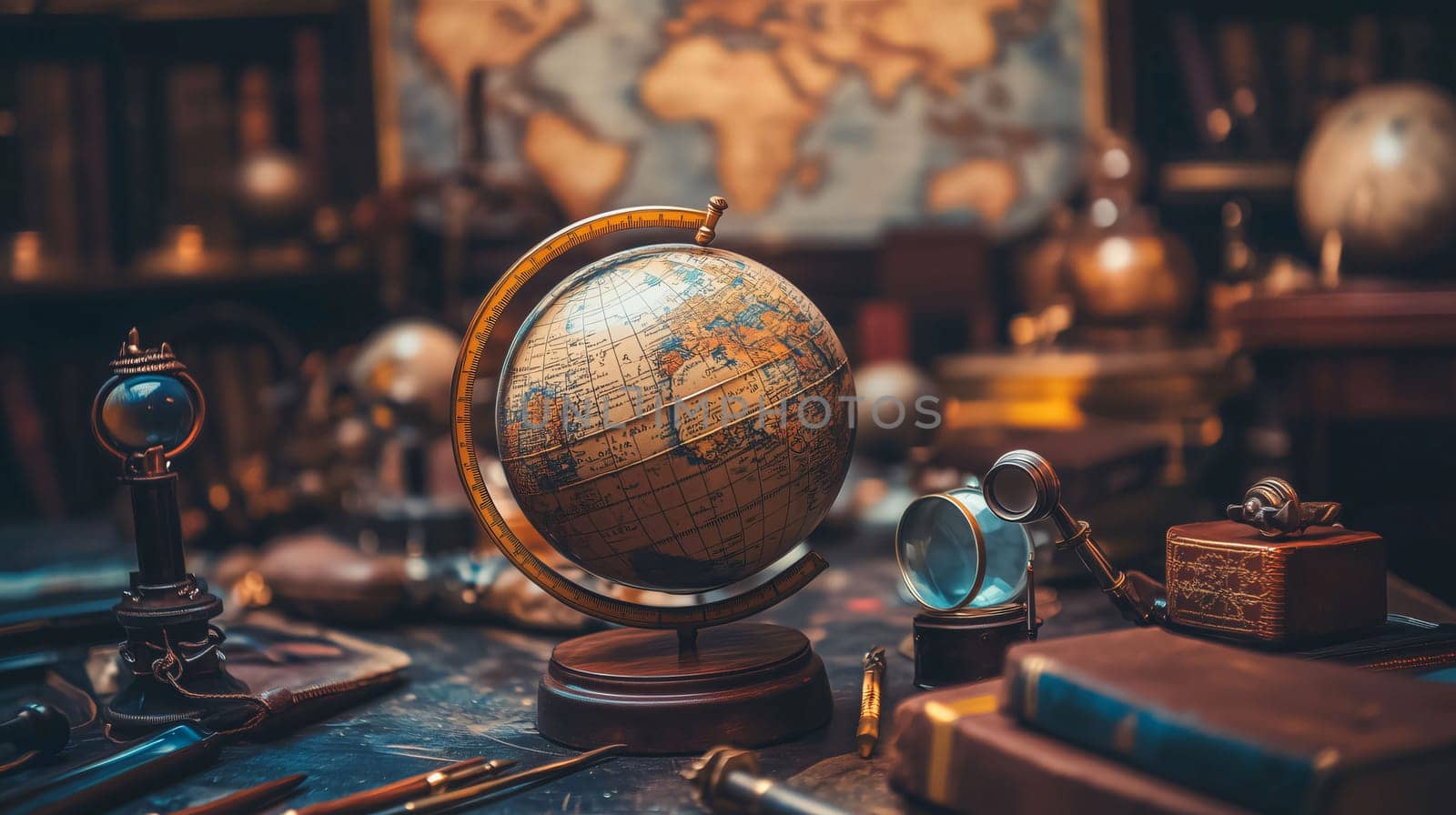 Vintage globe is surrounded by scientific instruments on a desk in a historian's office