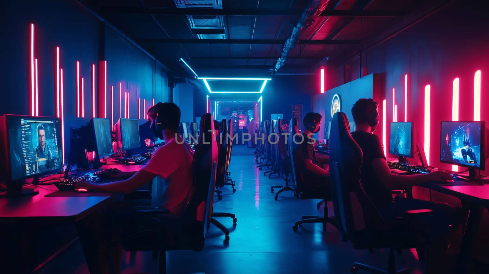 Professional gamers competing in a video game tournament, wearing headsets and focused on the game in a gaming room with blue and pink neon lights
