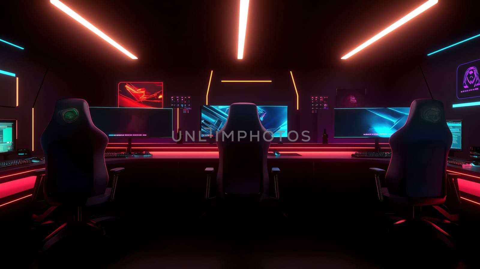 Empty gaming room setup for esports tournament with powerful computers, gaming chairs and neon lights